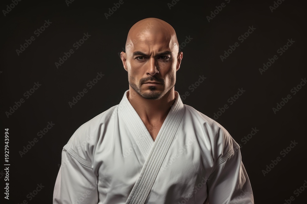 Obraz premium Martial artist with intense gaze displaying discipline and strength against a dark background