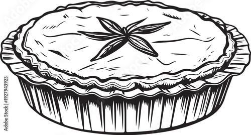 Tourtière Meat Pie Hand-drawn Sketch Drawing Vector Illustration, Line Linear Symbol Black and White Engraving, Isolated