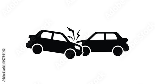 Two cars colliding head on depicted in a stark black silhouette