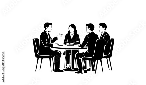 Business Meeting and Team Collaboration Silhouette Illustration Featuring Corporate Professionals Discussing Strategy, Planning Decisions, and Office Conference Communication Concepts