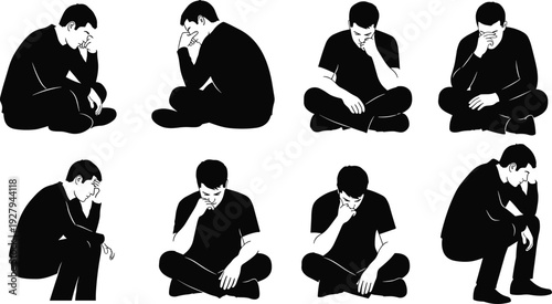 Set of silhouetted men sitting on the floor in sad pensive poses representing depression grief mental health exhaustion deep reflection bankruptcy and emotional struggle concept