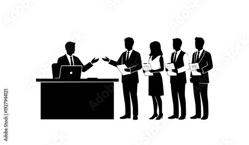 Business Recruitment and Hiring Silhouette Illustration Showing Resume Submission, Interview Process, Candidate Queue, Corporate Human Resources Evaluation, and Professional Job Selection Concept