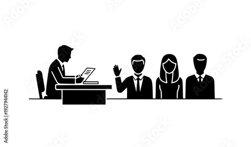 Business Interview and Recruitment Silhouette Illustration Featuring Candidate Questioning, Corporate Human Resources Evaluation, Hiring Discussion, and Professional Job Selection Process
