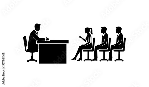 Business Interview and Recruitment Silhouette Illustration Showing Candidate Queue, Job Selection Process, Corporate Human Resources Evaluation, and Professional Hiring Concept