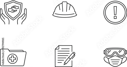 Safety construction medical icon set, protection helmet warning symbols, insurance healthcare outline icons, flat vector illustration, minimal safety collection