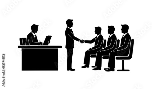 Business Interview Success Silhouette Illustration Showing Candidate Selection, Handshake Agreement, Recruitment Decision, Corporate Hiring Process, and Professional Human Resources Evaluation