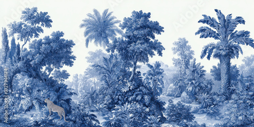 Vintage Blue Toned Jungle Landscape with Leopard and Lush Foliage Scene