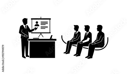 Business Interview Presentation Silhouette Illustration Showing Corporate Recruiter Explaining Candidate Profile to Interview Panel During Hiring, Evaluation, and Professional Selection Process