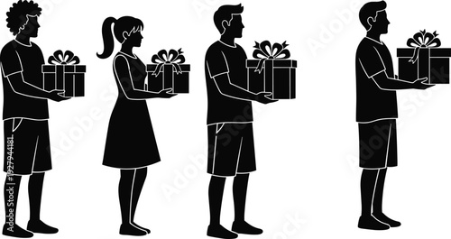 Set of silhouetted people holding gift boxes with ribbons representing holiday celebration birthday surprise anniversary giving presents seasonal shopping and generosity for festive event concept