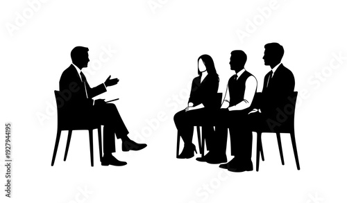 Business Interview and Corporate Discussion Silhouette Illustration Featuring Professional Panel Conversation, Candidate Evaluation, Leadership Communication, and Human Resources Recruitment Concept