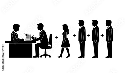 Business Recruitment Process Silhouette Illustration Showing Job Interview Flow, Candidate Selection Sequence, Hiring Decision Path, and Corporate Human Resources Evaluation Concept