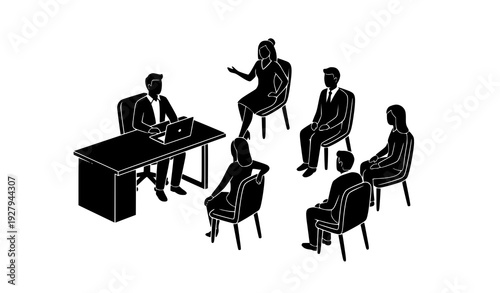 Business Meeting and Team Discussion Silhouette Illustration Featuring Corporate Interview, Group Conversation, Leadership, Communication, and Professional Office Environment for Presentation and Desi