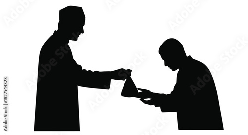 Two men in conversation one handing something to the other silhouette