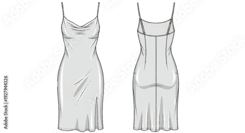 Women's Cowl Neck Midi Slip Dress Fashion Flat Sketch Vector isolated PNG with Transparent Background