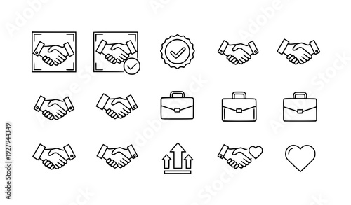 Business Handshake and Partnership Outline Icon Set Featuring Agreement, Trust, Deal Approval, Cooperation, Growth, and Professional Relationship Symbols for Corporate Design