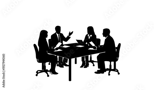 Business Meeting and Team Discussion Silhouette Illustration Featuring Corporate Professionals Collaborating, Negotiating, and Planning Strategy Around Conference Table