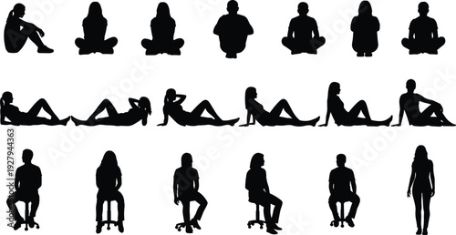 Set of silhouetted people in various relaxed poses sitting cross legged lying down and resting representing leisure time summer vacation wellness and mental health concept