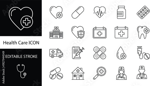 Medical health care icon set with hospital, stethoscope, medicine pills, ambulance, and doctor symbols, cad drawing flat vector illustration, isolated.