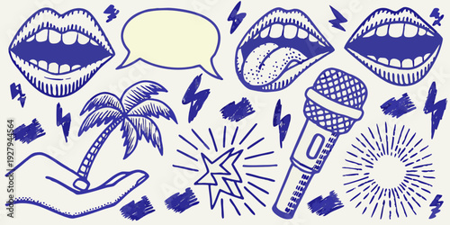 Blue doodle collection featuring mouths microphone and tropical elements