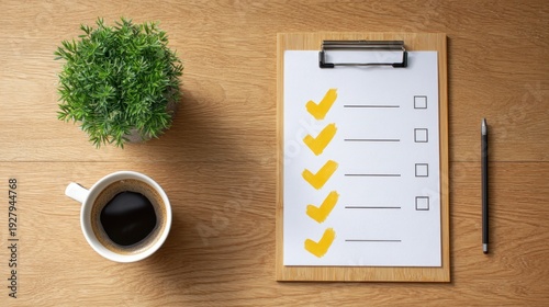 Bright Checklist with Checkmarks, Coffee Cup, Desk Plant, and Clipboard on Natural Wood Background