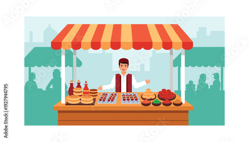 Happy food vendor serving delicious street food at outdoor market stall