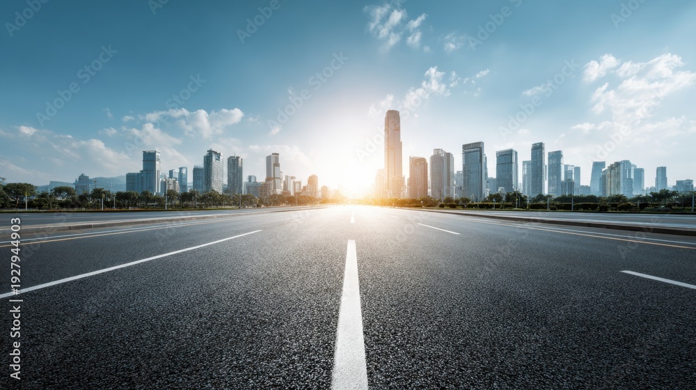 Obraz premium Urban Skyline at Sunrise with Clear Road and Blue Sky Above Cityscape in Morning Light