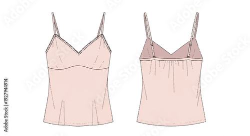 Women's Light Pink Camisole Flat Fashion Sketch Technical Drawing with Front and Back Views isolated PNG with Transparent Background