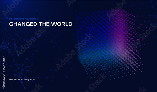 Abstract ai cyber background with 3d cube from dots and circles. Big data digital science and technology design and tech blockchain blue business concept backdrop. Computer network connection pattern.