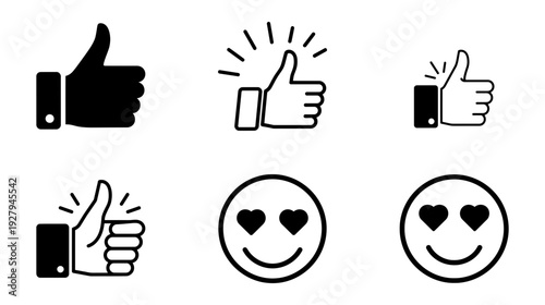 Hand icons and emoticons conveying approval and affection in a simple illustration style