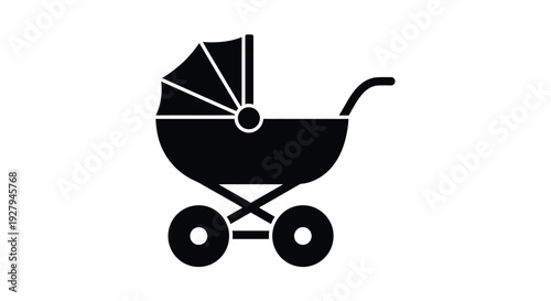 A black silhouette of a baby carriage against a white background silhouette