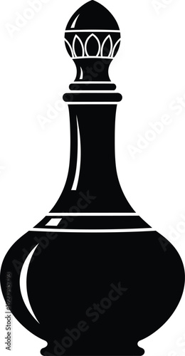 A black and white image of a decorative bottle with a stopper