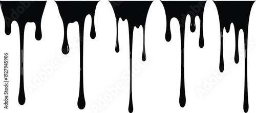 Black dripping liquid silhouettes set with paint drips, oil spills, ink drops, and melting slime textures, cad drawing flat vector illustration.