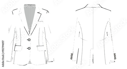 Women's Blazer Jacket Technical Flat Sketch Vector with Front and Back Views isolated PNG with Transparent Background