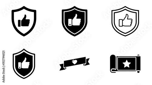 Illustration of Black and white thumbs up icons and badges