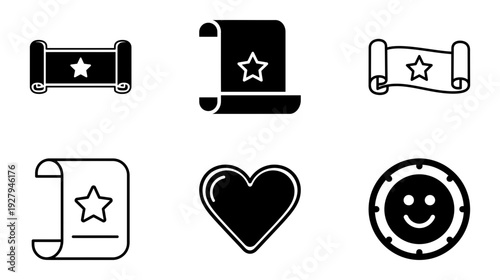 Black icons set with star smiley heart