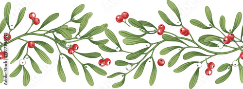 Mistletoe branch vector illustration with green leaves and red berries festive Christmas botanical decoration isolated on white background