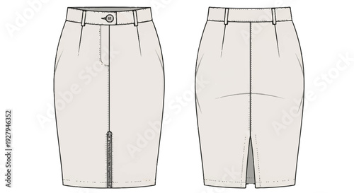 Light Beige Pencil Skirt Technical Fashion Flat Drawing with Front Zipper and Back Slit isolated PNG with Transparent Background