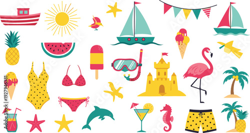 Summer beach vacation icons vector set with tropical elements swimming wear food drinks animals and holiday decorations isolated on white background