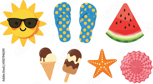 Summer vacation icons vector set with sun flip flops watermelon ice cream starfish and beach elements isolated on white background