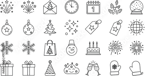 Christmas and winter holiday line icons vector set with gifts ornaments snowflakes fireworks and celebration symbols isolated on white background