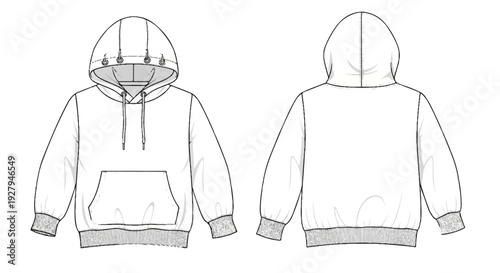 Vector Line Art Hoodie Fashion Flat Technical Drawing Isolated Front and Back View isolated PNG with Transparent Background