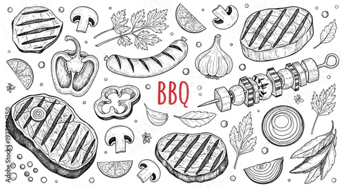 Hand Drawn BBQ Grill Food Elements Sketch Vector Illustration