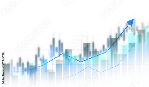 Transparent stock market chart with candlestick bars and rising trend line. Digital finance background showing trading, investment growth, profit analysis and economic data.