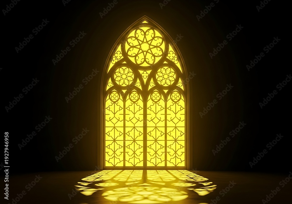 Fototapeta premium Glowing Gothic Window Arch with Golden Light and Reflection.