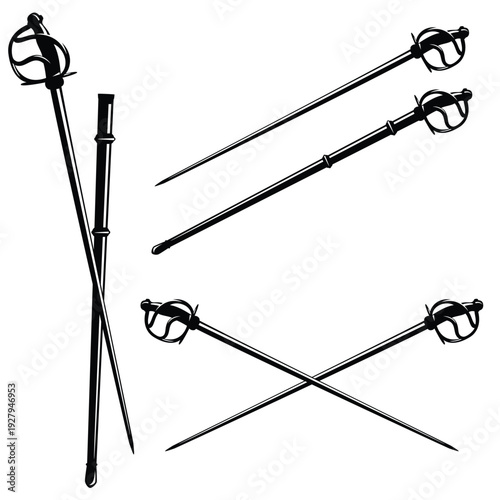 18th or 19th century style european epee sword  - black and white crossed blade weapon with scabbard vector design set