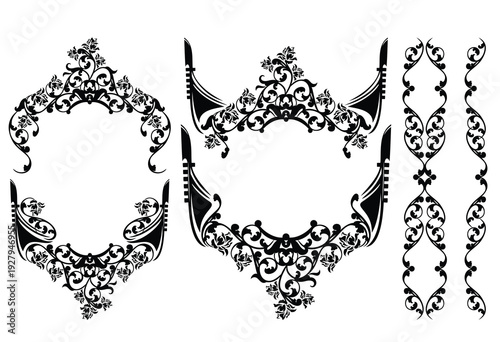 black and white vector design set of elegant antique style floral frame decor made of rose flowers and stems with venetian gondola boat bow