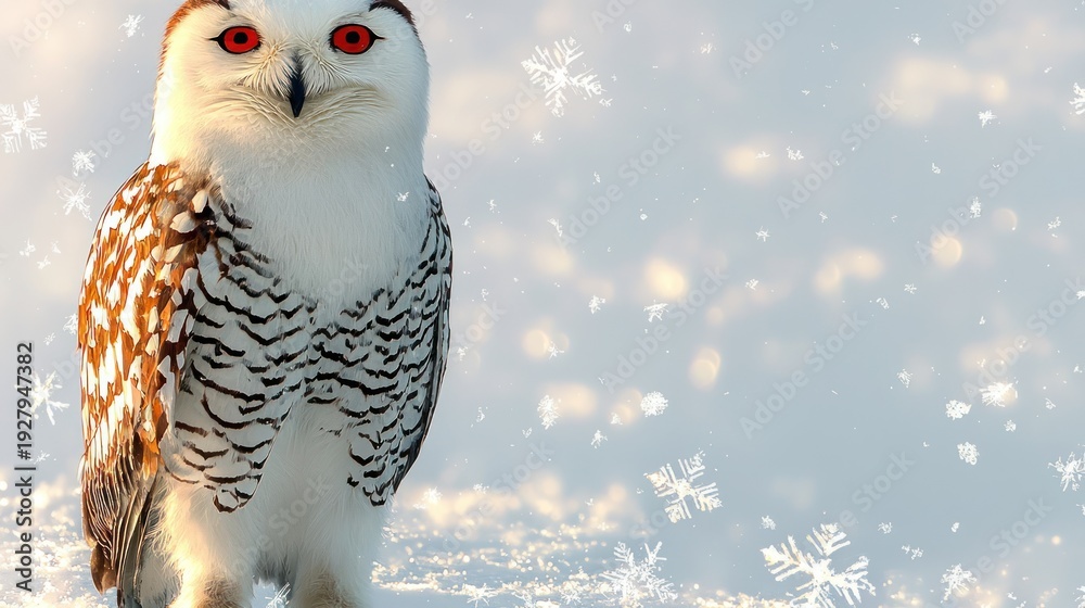 Obraz premium Snowy Owl with Red Eyes Standing in Snow with Falling Snowflakes