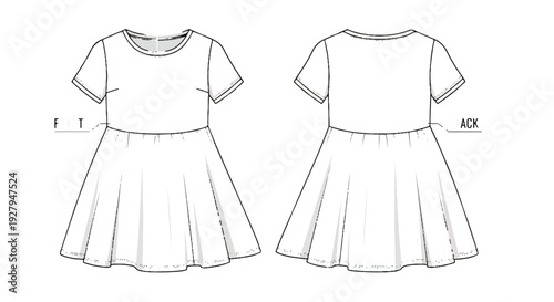 Technical Fashion Flat Sketch Template: Short Sleeve Dress Front and Back Views isolated PNG with Transparent Background