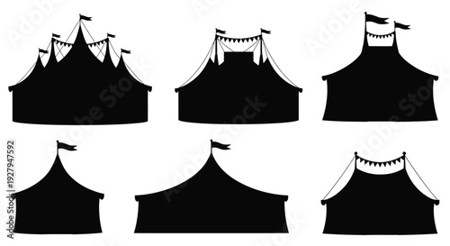 Collection of black circus tents in varying styles a striking silhouette