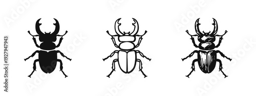 Stag Beetle Icons Set: Insect Silhouette, Outline, and Hand-Drawn Styles on White Background